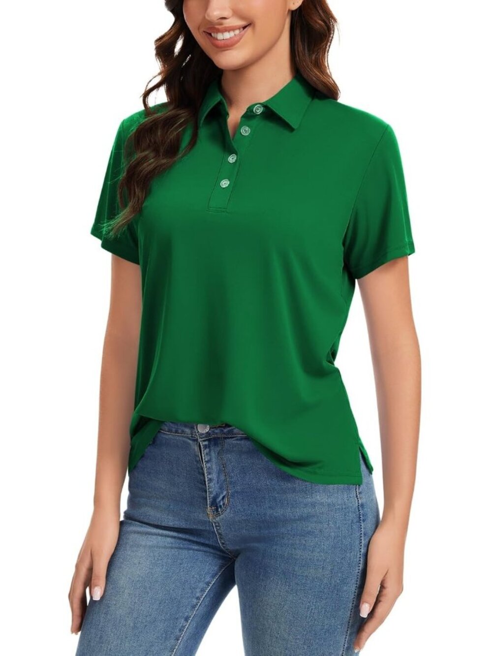 Women's Green 4 Buttons UPF 50+ Short Sleeve Polo Shirt Collared Quick Dry Tops